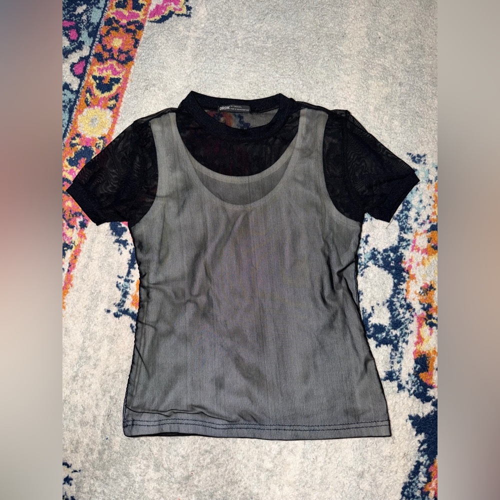 Black and Gray Micromesh Short Sleeve Layered Top